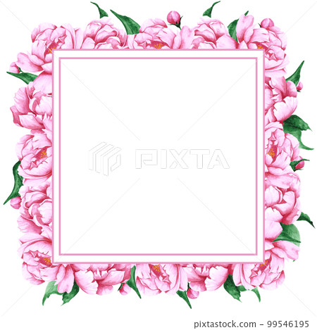 Handdrawn Watercolor pink peony flowers, leaves and buds composition with round frame boarder on the white background. Scrapbook design, wedding card and invitation design, label, banner, post card. Handdrawn Watercolor pink peony flowers, leaves and buds composition with round frame boarder on the white background. Scrapbook design, wedding card and invitation design, label, banner, post card. 99546195