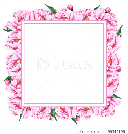 Handdrawn Watercolor pink peony flowers, leaves and buds composition with round frame boarder on the white background. Scrapbook design, wedding card and invitation design, label, banner, post card. 99546196