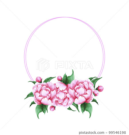 Handdrawn Watercolor pink peony flowers, leaves and buds composition with round frame boarde on the white background. Scrapbook design, wedding card and invitation, label, banner, post card. 99546198