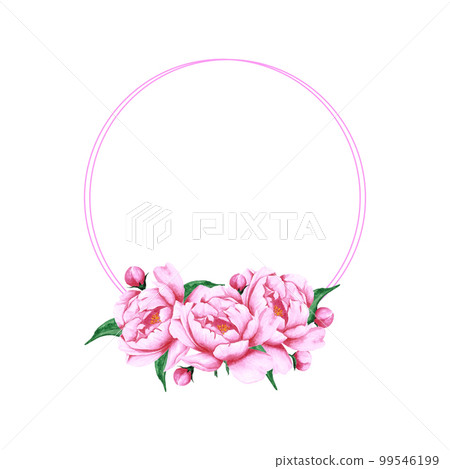 Handdrawn Watercolor pink peony flowers, leaves and buds composition with round frame boarde on the white background. Scrapbook design, wedding card and invitation, label, banner, post card. 99546199