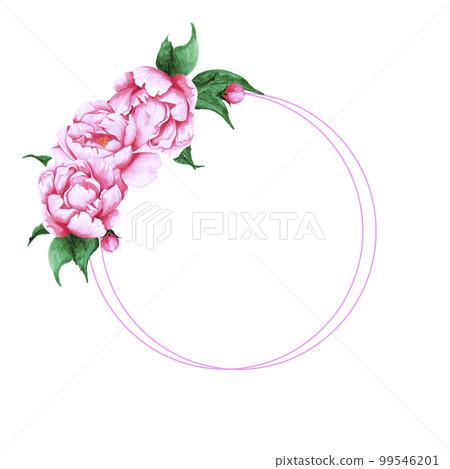 Handdrawn Watercolor pink peony flowers, leaves and buds composition with round frame boarde on the white background. Scrapbook design, wedding card and invitation, label, banner, post card. 99546201