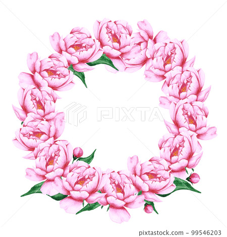 Handdrawn Watercolor pink peony flowers round frame boarder with green leaves and buds on the white background. Scrapbook design, wedding card and invitation, label, banner, post card. 99546203