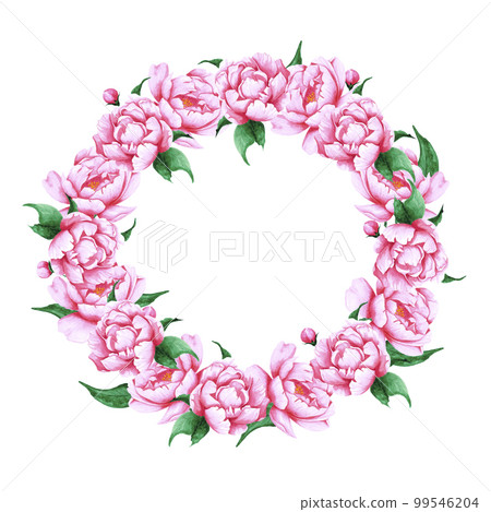 Handdrawn Watercolor pink peony flowers round frame boarder with green leaves and buds on the white background. Scrapbook design, wedding card and invitation, label, banner, post card. 99546204