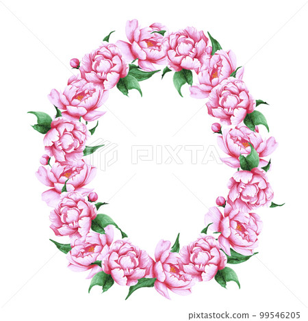 Handdrawn Watercolor pink peony flowers round frame boarder with green leaves and buds on the white background. Scrapbook design, wedding card and invitation, label, banner, post card. 99546205