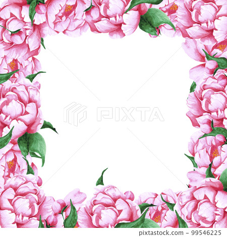 Handdrawn Watercolor pink peony flowers frame with green leaves and buds on the white background. Scrapbook design, wedding invitation, label, banner, post card. 99546225