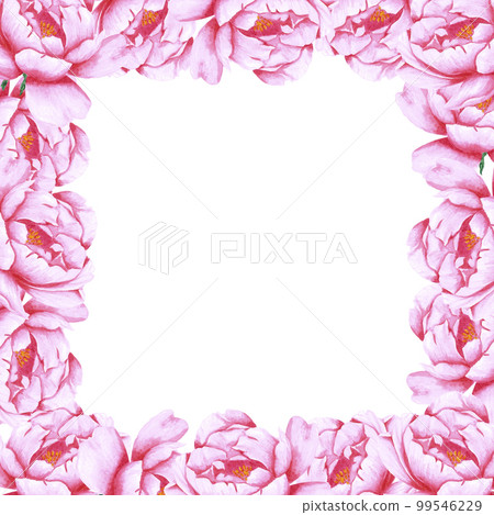 Handdrawn Watercolor pink peony flowers frame on the white background. Scrapbook design, wedding invitation, label, banner, post card. 99546229