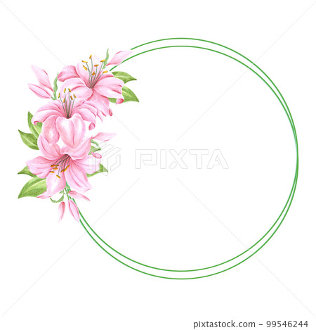 Handdrawn lily flowers frame boarder. Watercolor pink lily on the white background. Scrapbook design, typography poster, label, banner. 99546244
