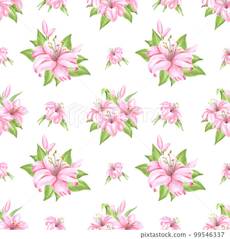Handdrawn lily flowers seamless pattern. Watercolor pink lily on the white background. Scrapbook design, typography poster, label, banner, textile. Handdrawn lily flowers seamless pattern. Watercolor pink lily on the white background. Scrapbook design, typography poster, label, banner, textile. 99546337