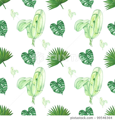 Handdrawn Watercolor green tropical leaves seamless pattern on the white background. Scrapbook design, typography poster, label, banner, post card, textile. 99546364