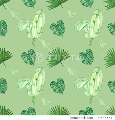 Handdrawn Watercolor green tropical leaves seamless pattern on the white background. Scrapbook design, typography poster, label, banner, post card, textile. Handdrawn Watercolor green tropical leaves seamless pattern on the white background. Scrapbook design, typography poster, label, banner, post card, textile. 99546365