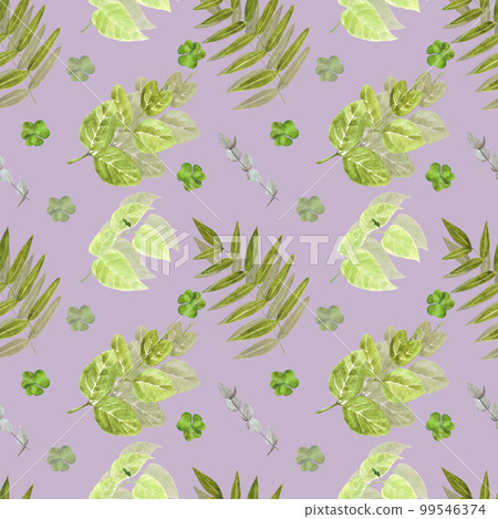 Handdrawn Watercolor green leaves seamless pattern on the purple background. Scrapbook design, typography poster, label, banner, post card, textile. Handdrawn Watercolor green leaves seamless pattern on the purple background. Scrapbook design, typography poster, label, banner, post card, textile. 99546374