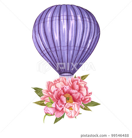 Watercolor purple hot air balloon with peony flowers. Hand painted illustration on white background. For design, prints, fabric or background. Watercolor purple hot air balloon with peony flowers. Hand painted illustration on white background. For design, prints, fabric or background. 99546488