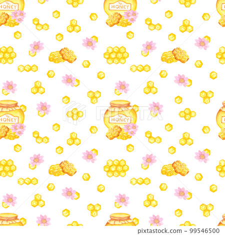 Hand drawn watercolor honey seamless pattern on white background. Scrapbook, textile, logo, label, banner. Hand drawn watercolor honey seamless pattern on white background. Scrapbook, textile, logo, label, banner. 99546500