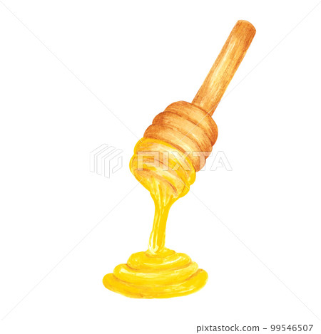 Hand drawn watercolor wooden honey spoon on white background. Scrapbook design, typography poster, label, banner. Hand drawn watercolor wooden honey spoon on white background. Scrapbook design, typography poster, label, banner. 99546507