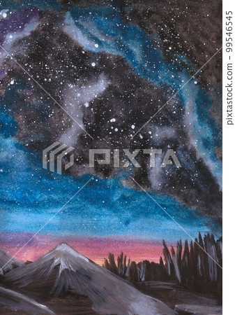 Hand drawn watercolor space and mountains illustration. Starry night background. Scrapbook, post card, banner, lable. 99546545