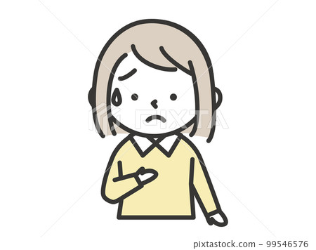 A girl in a cold sweat with a worried expression holding her hand on her chest 99546576