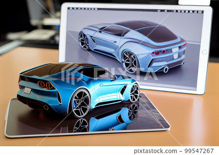 Modern car Project visualization using augmented reality tools. Designing and presenting with a tablet computer Modern car Project visualization using augmented reality tools. Designing and presenting with a tablet computer 99547267