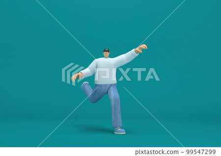 cartoon character wearing jeans and white long shirt. 3d rendering in acting. He is doing exercise. 99547299