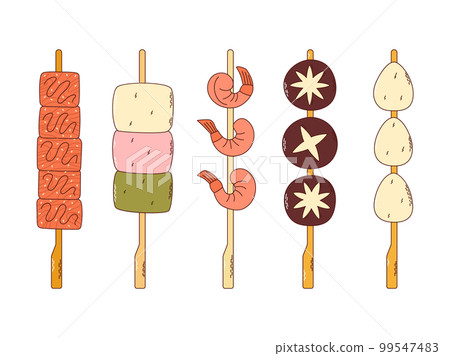 Traditional Japanese food. Asian yakitori skewers with mushrooms, eggs, shrimp. Vector illistration 99547483