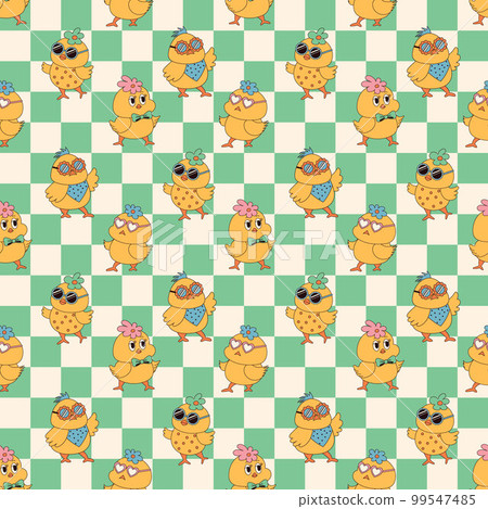 Groovy hippie Happy Easter seamless pattern. Chicks on a chess background. Easter backgrounds in trendy retro 60s 70s cartoon style. 99547485
