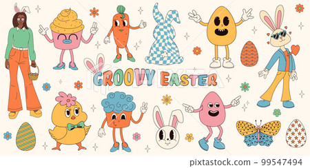 Groovy hippie Happy Easter set. Easter bunny, eggs, butterflies, cupcakes, chickens. Set of cartoon characters and elements in trendy retro 60s 70s cartoon style. 99547494