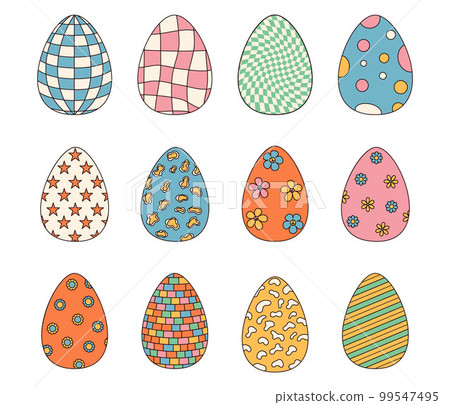 Groovy hippie Happy Easter. Set of Easter eggs with patterns in trendy retro 60s 70s style. 99547495