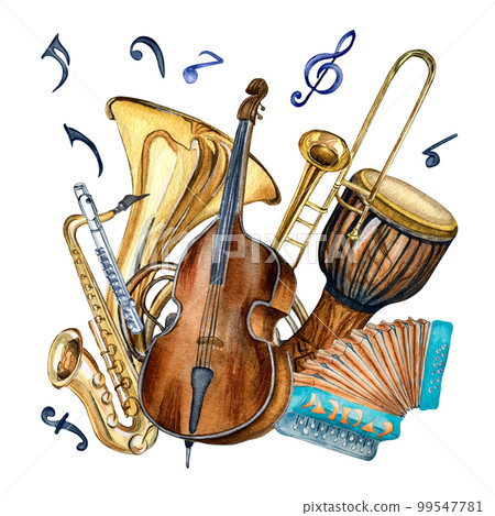 Composition of variouse musical instruments and symbol watercolor illustration isolated. 99547781