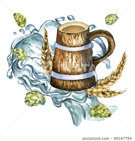 Composition with wooden mug, hop cones, wheat ears and water splash watercolor illustration isolated on white. Composition with wooden mug, hop cones, wheat ears and water splash watercolor illustration isolated on white. 99547784