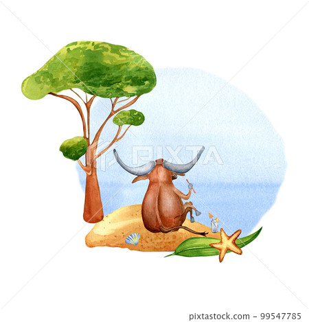 Cartoon buffalo relaxing on the beach watercolor illustration isolated on white. 99547785