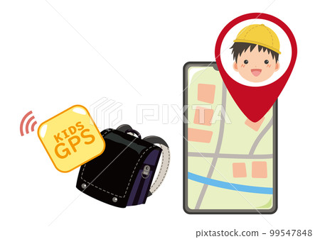 Illustration of a black school bag, GPS and smartphone 99547848