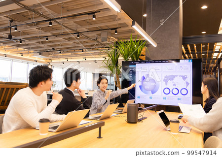Men and women having a meeting using a monitor Men and women having a meeting using a monitor 99547914