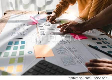 Brainstorm team of creative Web Graphic Designer planning, Group of asia mobile phone app developer team meeting for share ideas about screen prototype layout for smartphone, ui, ux startup small Brainstorm team of creative Web Graphic Designer planning, Group of asia mobile phone app developer team meeting for share ideas about screen prototype layout for smartphone, ui, ux startup small 99548350