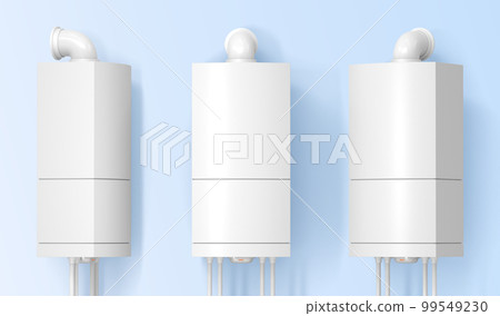 3D Boiler icon set. Realistic mockup of white electric or gas water heater for heat water with hot and cold pipe isolated on blue background. Combi heating system front side and view 99549230