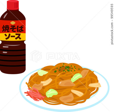 A bottle of yakisoba sauce and yakisoba 99549593