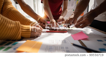 Brainstorm team of creative Web Graphic Designer planning, Group of asia mobile phone app developer team meeting for share ideas about screen prototype layout for smartphone, ui, ux startup small 99550719