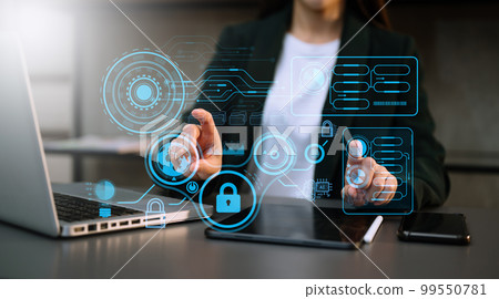 Cyber security and data protection information privacy internet technology concept.Business working on computer show padlock protecting business and financial data technology concept.. 99550781