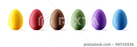 Set easter eggs with realistic effect on white background, colourful 3d shapes, glossy isolated 99550936