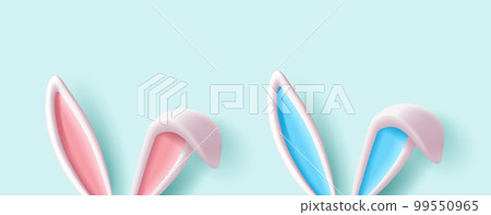 3d bunny rabit ears illustration with blue and pink insides and folded ear, render style set 99550965