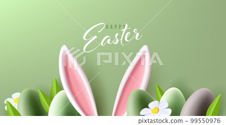 Easter greeting card with bunny ears, colourful eggs and flowers on the bottom of the creen, 3d render modern illuatration 99550976