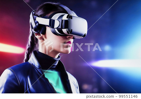 Young woman with a braid, a turtleneck sweater and a leather jacket uses 3D glasses to stay in virtual reality, fictional person, made with generative AI 99551146