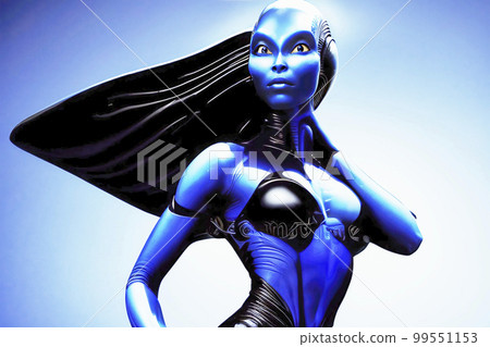 Female alien with deep blue skin in a skimpy bikini looks ahead scared and alert, fictional person, made with generative AI 99551153