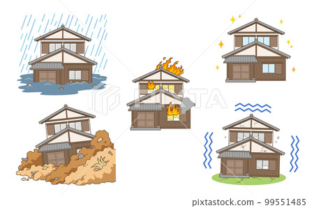 Illustration set of Japanese houses in trouble such as natural disasters 99551485