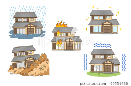 Illustration set of Japanese houses in trouble such as natural disasters 99551486