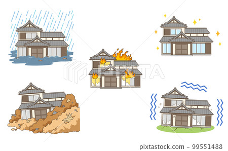 Illustration set of Japanese houses in trouble such as natural disasters 99551488
