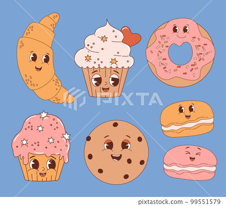 Collection cute cartoon characters pastry. Groovy Retro sweets croissant, cupcake, donut, chocolate chip cookies and macarons. Vector illustration. Isolated food desserts Collection cute cartoon characters pastry. Groovy Retro sweets croissant, cupcake, donut, chocolate chip cookies and macarons. Vector illustration. Isolated food desserts 99551579