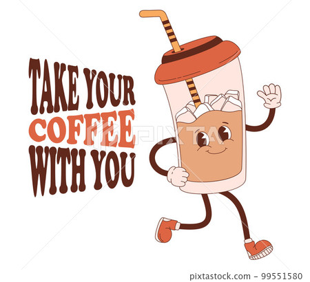 Cute retro character iced coffee in paper cup takeaway. Vector illustration. Cool funny mascot drink. Take your coffee with you card. Cute retro character iced coffee in paper cup takeaway. Vector illustration. Cool funny mascot drink. Take your coffee with you card. 99551580