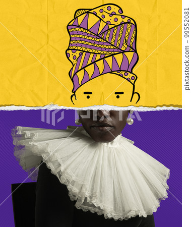 Contemporary art collage. Creative design with doodles. Medieval african woman royal person with bright drawings over head Contemporary art collage. Creative design with doodles. Medieval african woman royal person with bright drawings over head 99552081