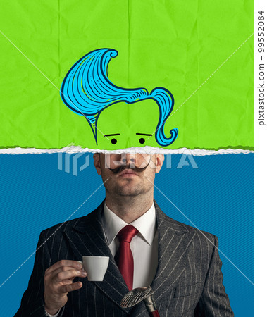 Contemporary art collage with doodles. Man with stunning moustaches drinking coffee. Creative drawings over head Contemporary art collage with doodles. Man with stunning moustaches drinking coffee. Creative drawings over head 99552084
