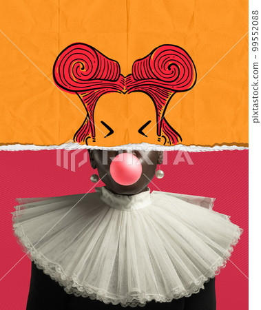 Contemporary art collage. Creative design with doodles. Medieval african woman royal person with bright drawings over head Contemporary art collage. Creative design with doodles. Medieval african woman royal person with bright drawings over head 99552088