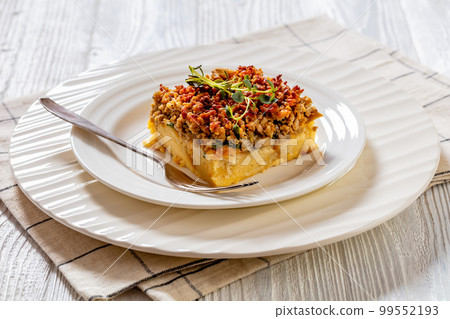 Tasty Strata with meat, mushrooms, cheese, onion 99552193